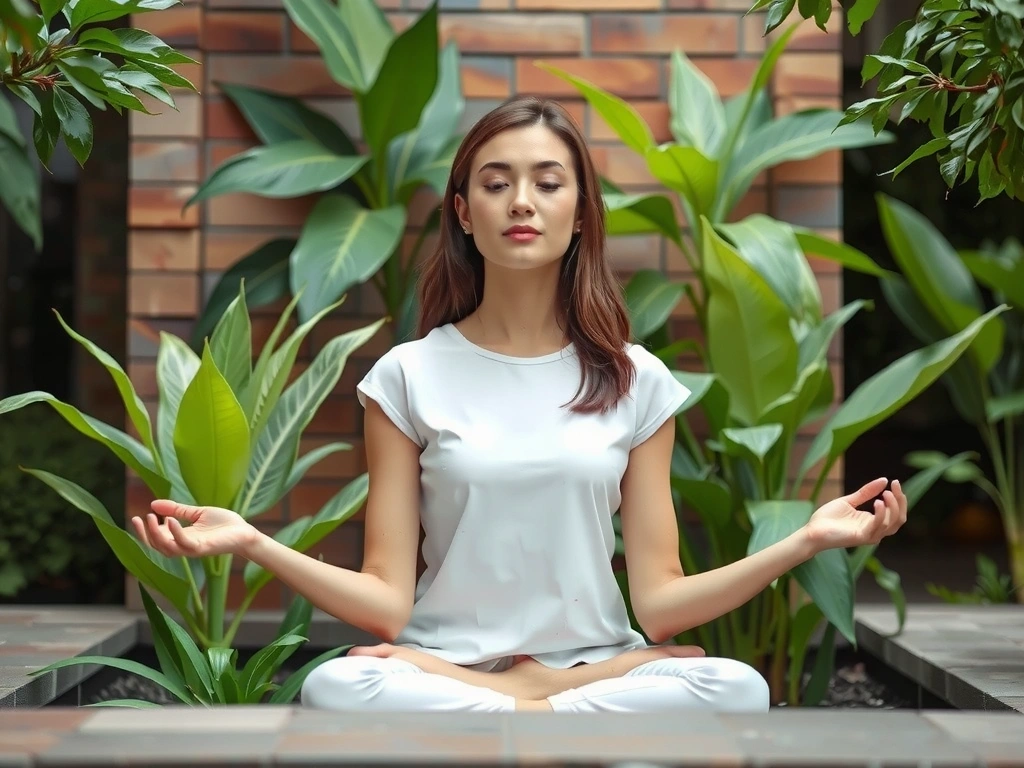 A woman meditating in a serene garden surrounded by lush plants, symbolizing natural well-being and inner peace.