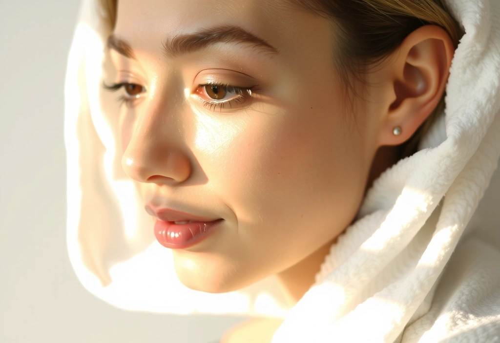 Abstract image related to wellness, skincare, or natural health, no text. Focus on gentle light on a woman's face, with a subtle glow.