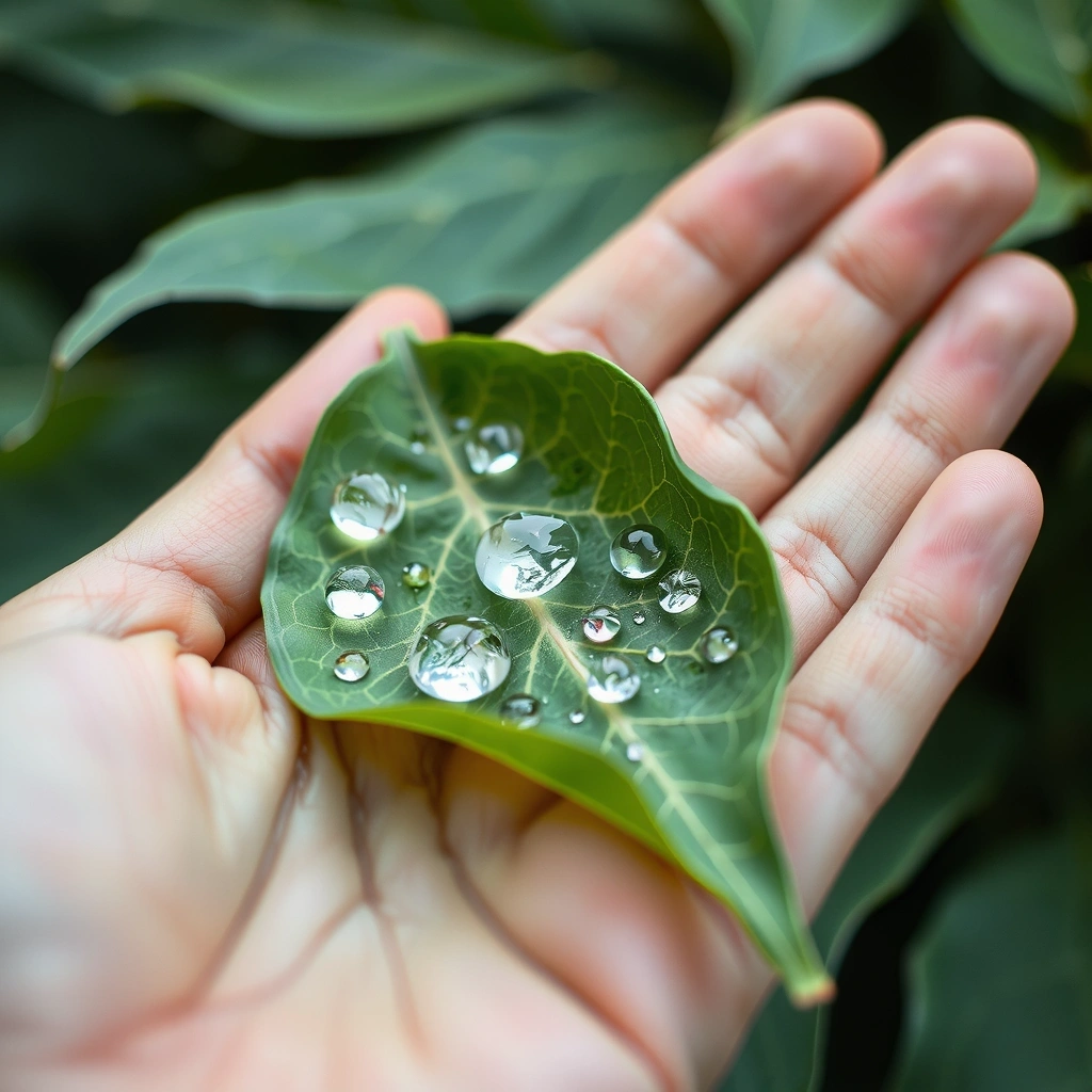 Hand holding a leaf with water drops