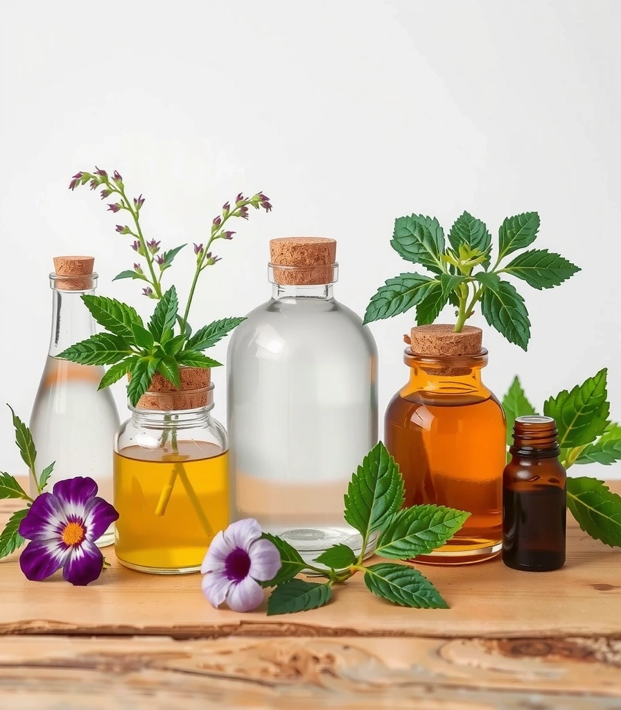 Various botanical extracts and essential oils in elegant glass bottles, with fresh herbs and flowers around them, arranged artistically, natural light, no text
