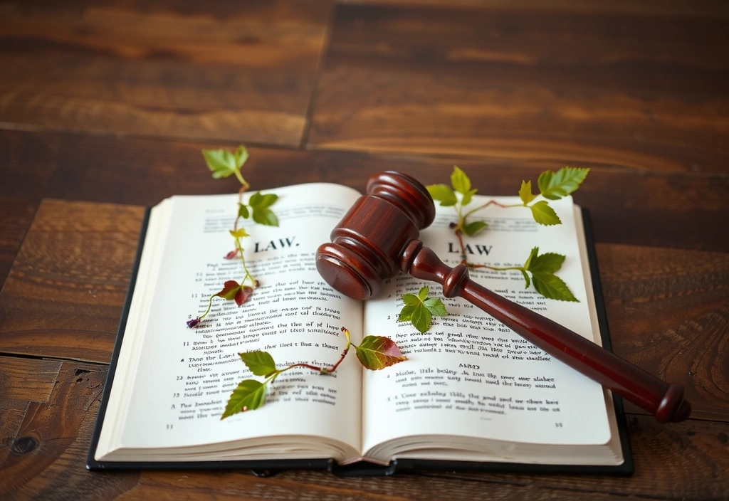 Legal gavel and open book with botanical elements